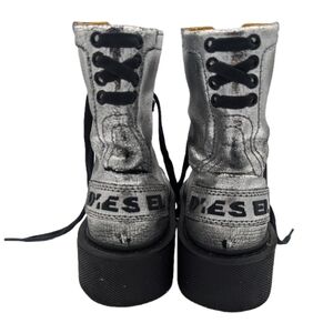 Diesel Silver Crackle Leather Platform Combat Boots| Y2K| Grunge| Distressed